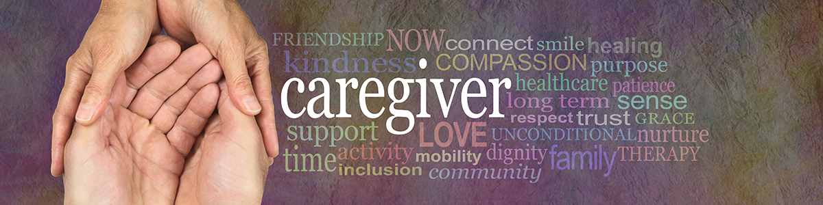 female hands gently cupped around male cupped hands beside a CAREGIVER word cloud on a rustic stone background